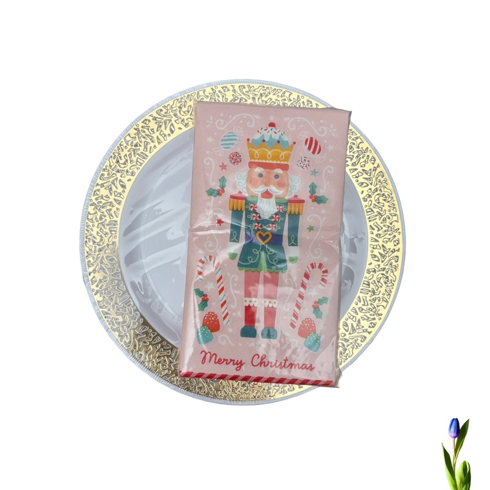 Rachel Roy 12 plastic plates gold edged and 40 paper napkins pink nutcracker